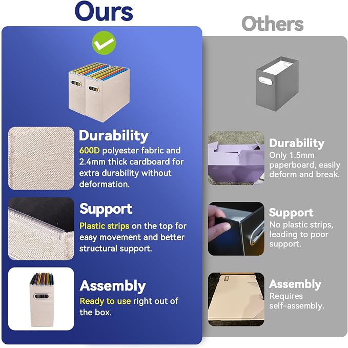 8 Pack Letter Size File Storage Box Collapsible，Fabric Hanging File Folders Organizer, Portable Office Document Holder with Metal Handle, Smooth PVC Rails, Beige