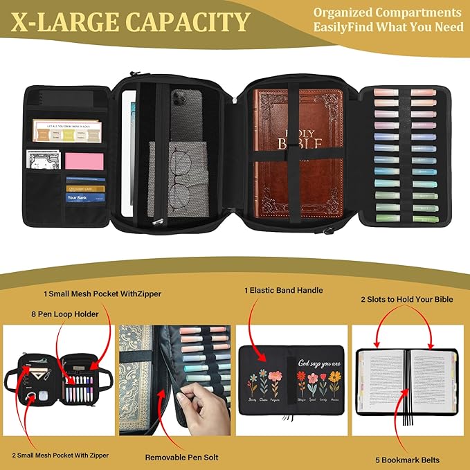 Large Bible Bags for Women Organizer with Bible Cover Case, Bible Cover Study Supplies Bible Journaling Kit Book Carrying Case with Bible Highlighters Tabs, Christian Gift for Women Mom