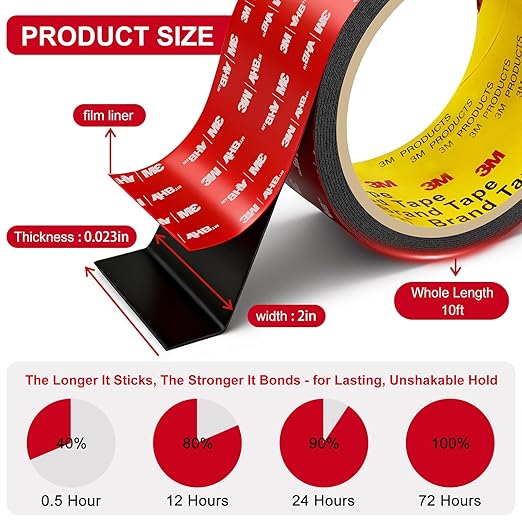 3M Double Sided Tape Heavy Duty 2in x 10ft, Heavy Duty Removable Mounting Tape, Adhesive Strips Double Sided Mounting Tape, Strong Foam Tape for Walls Picture Hanging Poster, Car, LED Strip Light