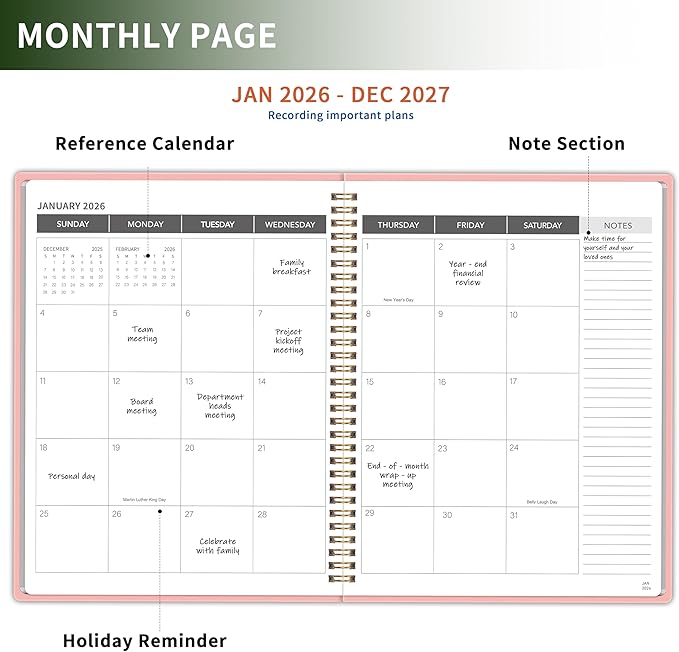 Monthly Planner 2026-2027, 2 year calendar 2026-2027 Calendar Book from Jan 2026 - Dec 2027 with Waterproof PVC Cover, 9'' x 11'', Organize Schedule for School, Office, Family,Pink