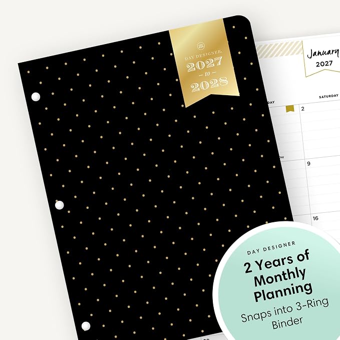 Blue Sky Day Designer 24 Month 2027 Monthly Planner Calendar, January 2027 - December 2028, 8.5" x 11", Flexible Cover, Stapled Binding, Swiss Dot Black