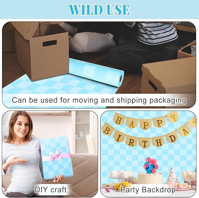Blue Checked Bulletin Board Roll Pastel Blue Reusable Waterproof Erasable Bulletin Board Poster Non-Woven Fabric Checked Wrapping Paper for Father's Day Easter Classroom Decorations 15.55inx20ft