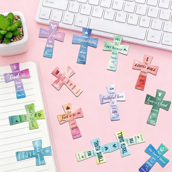 50Pack Magnetic Bookmarks Bulk Cross Bible Bookmark Christian Bookmarks for Women Men Kids Adults Teacher Book Lovers Gifts, Book Marks for Reading Religious Verses Magnet Bookmark Clips (Watercolor)