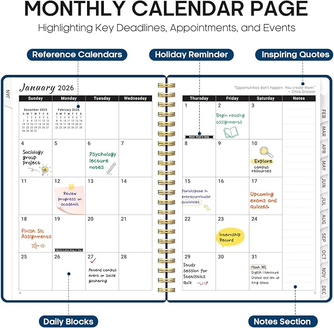 2026 Planner, Weekly and Monthly Calender Planner, Jan 2026 to Dec 2026, Hardcover 2026 Calendar Book with Tabs & Inner Pocket, Office Home School Supplies for Women & Men - A5 (6.3" x 8.5"), Navy Blue