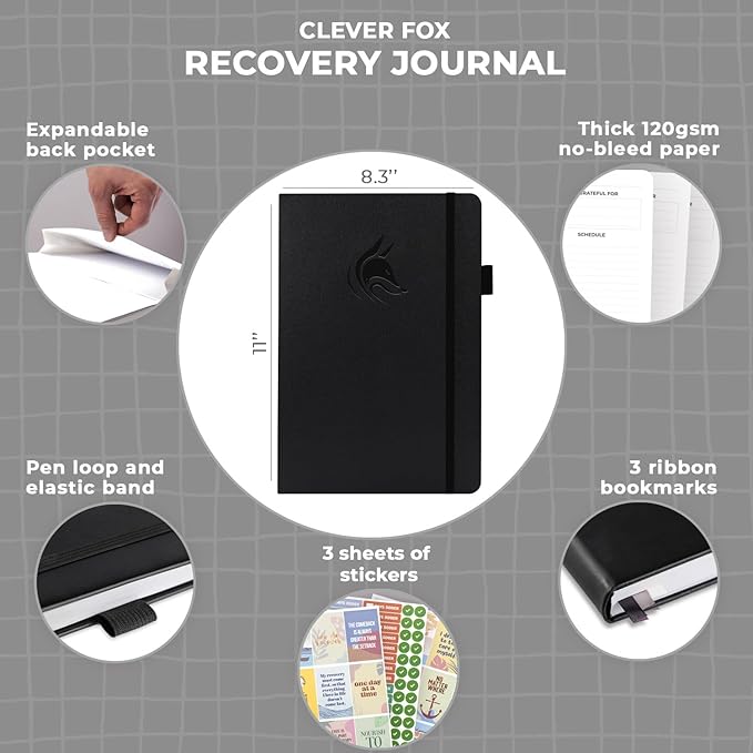 Clever Fox Addiction Recovery Journal Large – Guided Sobriety Workbook for Alcohol, Drug, Gambling, Eating & Other Addictions – Daily Planner to Support Recovery Progress, 8.3x11” (Black)