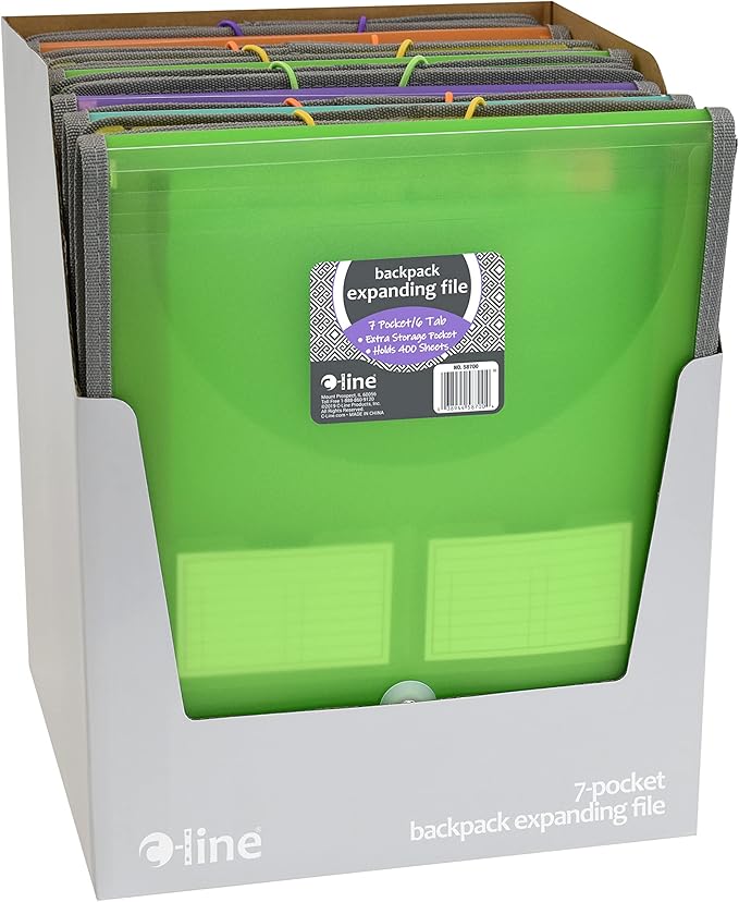 C-Line 7-Pocket Vertical Expanding Backpack Organizer File, 1 File, Color May Vary (58700), Assorted, 1" x 10 1/4" x 12 3/4" (Pack of 12)