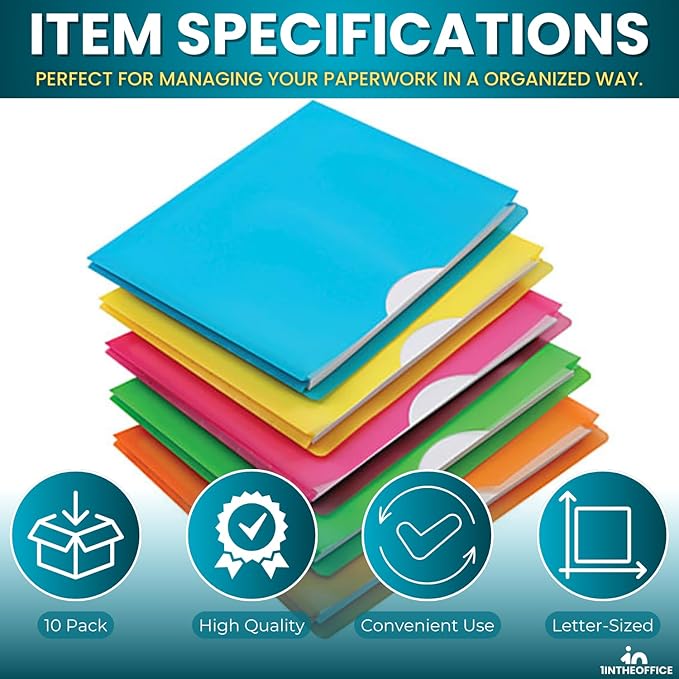 1InTheOffice Poly File Jacket File Folder, Letter 1" Expanding File Jacket, 10-Pack, Assorted