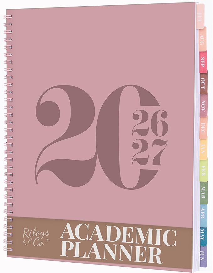 Rileys Academic Planner 2026-2027, Daily, Weekly & Monthly Planner, July 2026 - June 2027, Student Notes Pages, Twin-Wire Binding, Weekly Agenda for School & Work (8.5 x 11-Inches, Typographic, Pink)