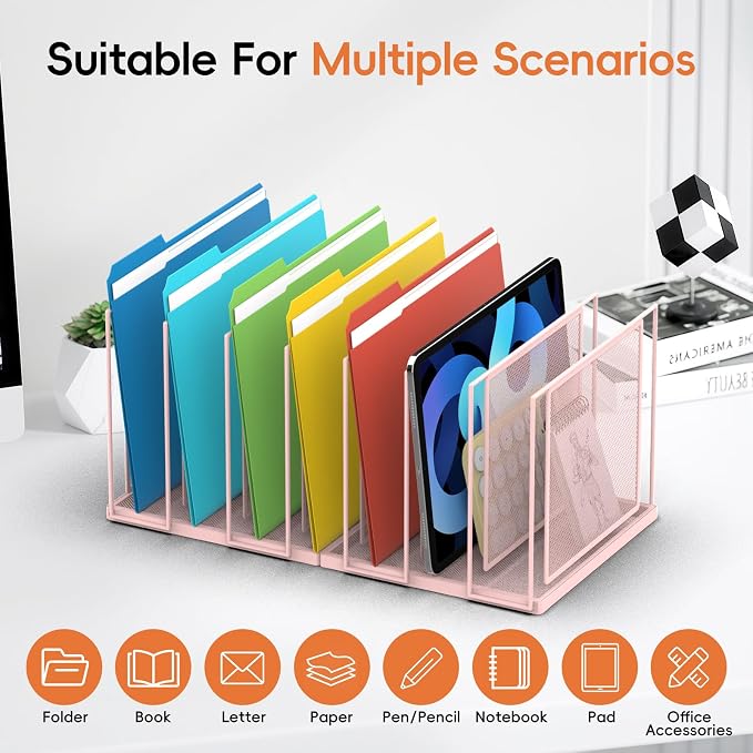 Desk File Organizer, 7 Section Vertical Metal File Organizer for Desk, Desktop File Organizer Stand, Paper Folder Organizer for Office Home Classroom Storage (Pink, 7 Section)