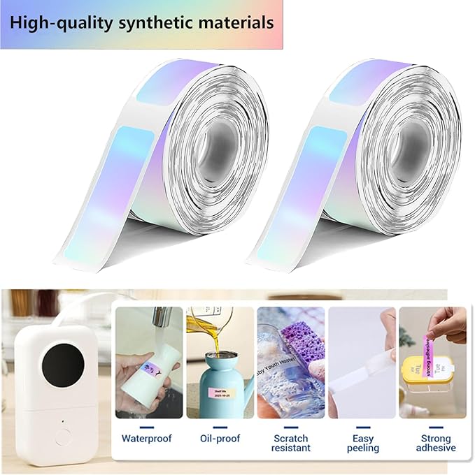 3 Rolls Compatible with D30/P11/HP1 Label Tapes, Multicolor Holographic Thermal Paper, 14 x 40 mm, Waterproof self-Adhesive Label Tapes, Suitable for Office and Other scenarios (180 Labels per roll)