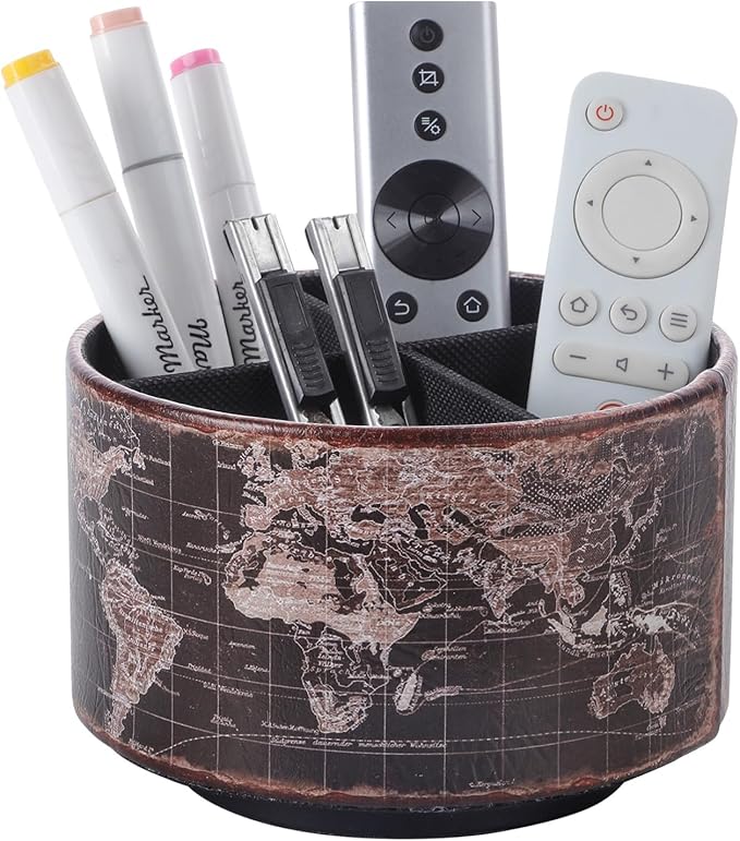 Vintage World Map Remote Control Holder, 360 Degree Rotating Desk Organizer and TV Remote Caddy, PU Leather Spinning Pen Holder for Living Room, Nightstand, and Office Supplies PH132