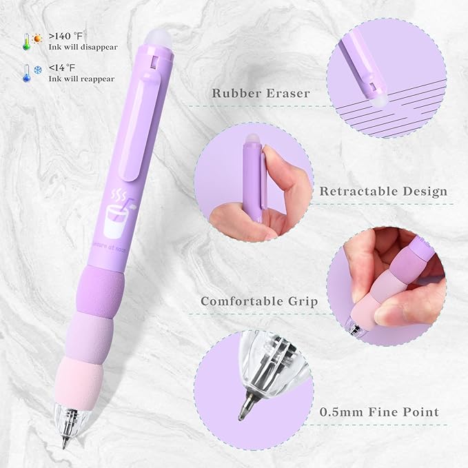 Temiary 18Pcs Aesthetic Retractable Erasable Gel Pens, Make Mistakes Disappear, 8 Pens & 10 Refills, Cartoon Smooth Writing Pen, 0.5 mm Black & Blue Ink Pen, Office School Supplies. (Purple Theme