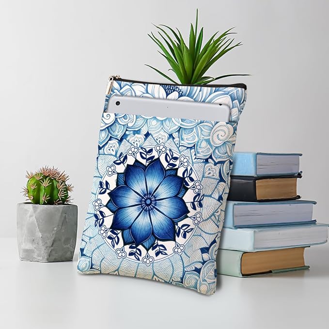 Blue Floral Bible Book Sleeve, Book Lovers Gifts Sleeve with Zipper & Front Pocket, 11.4x8.8 Inch Canvas Books Cover Protector Bookish Bible Gifts for Readers Librarian Women Teacher