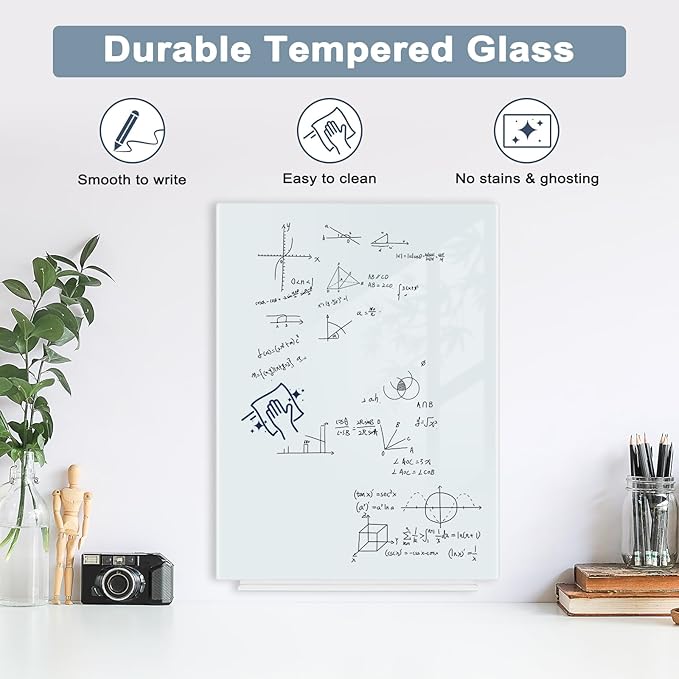 Magnetic Glass Whiteboard for Wall, 16" x 12" Glass Dry Erase Board, Frameless White Board for Home and Office - Normal White