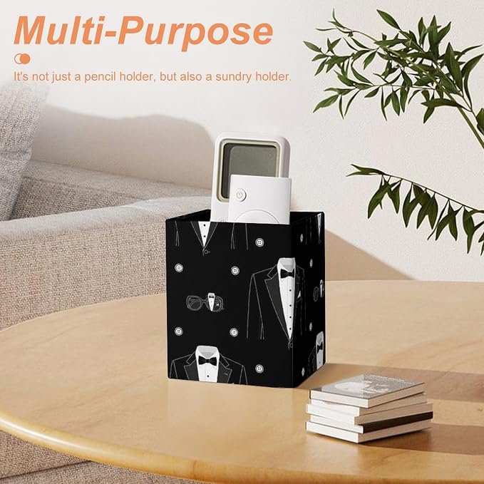 Holder Cup Makeup Brush Storage Organizer, Waterproof Multifunctional Office Supplies, Pen Holder Square Leather Pencil Black Tuxedo
