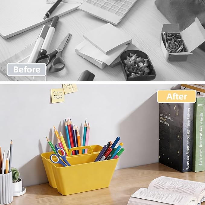 BPA Free 2 Compartment Stackable Desk Organizer, Classroom Caddy, Plastic Office Supply Bin with Handle for Home Office, Kitchen & Small Desk Items, 6 Pack