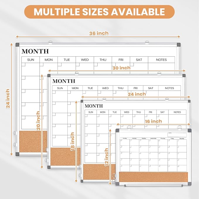 Small Monthly Dry Erase Calendar Whiteboard for Wall, 16" x 12" Double-Sided Magnetic Cute Calendar Dry Erase Board, Portable Hang Framed White Board Corkboard for Cubicle, Office, Home, College Dorm