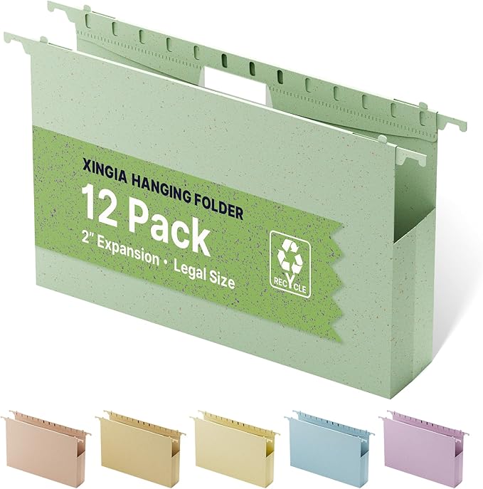 XINGIA Extra Capacity Wheat Straw Hanging File Folders Legal Size,2 Inch Expandable Plastic Hanging File Organizer,12 Pack Heavy Duty Hang Folders for Filing Cabinet,Bulky Files(Morandi Green)