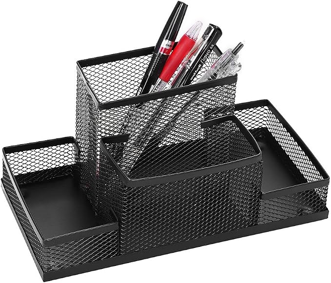 Mesh Desk Organizer for Office Mesh Pen Holder with 4 Compartments Desktop Stationery Holder Office Supplies Caddy with Sticky Notes Holder Mesh Basket Organizer Storage Black Mesh Pencil Holder