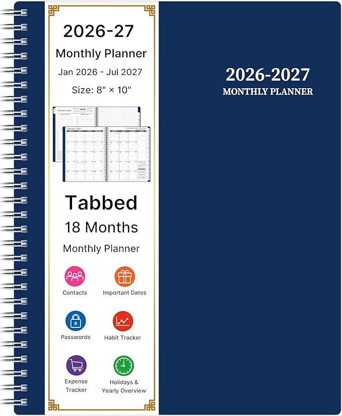 2026-2027 Monthly Planner, 18 Monthly Calendar Planner, January 2026 - June 2027, 8’’ x 10’’, 2026 Spiral Agenda with Tabs ＆Pocket, Flexible Cover, Organizer Notebook for Office Home School, Blue
