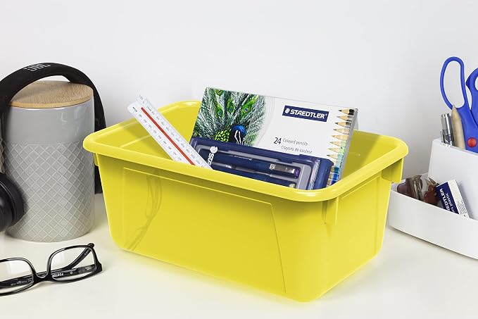 Storex Small Cubby Bins – Plastic Storage Containers for Classroom with Non-Snap Lid, 12.2 x 7.8 x 5.1 inches, Yellow, 5-Pack (62410A05C)