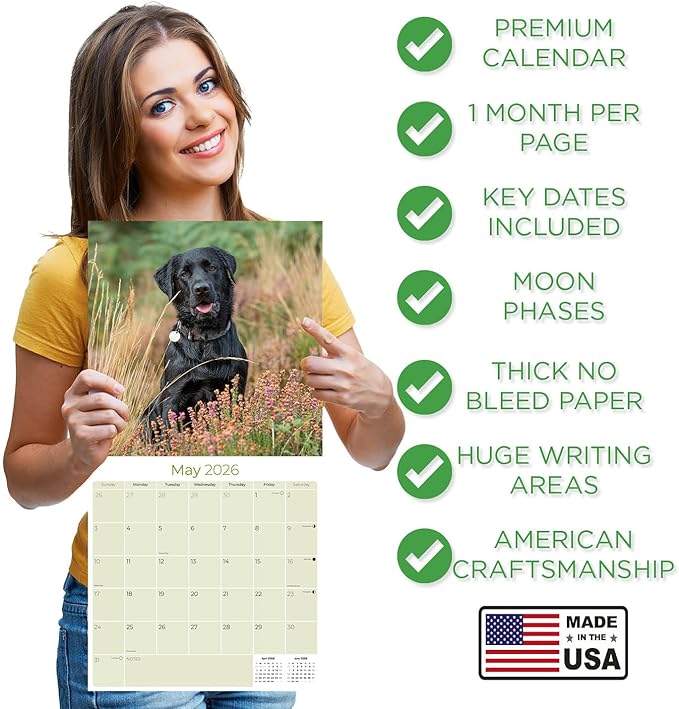 Black Labs Calendar 2026 – 16-Month Dog Breed Wall Calendar by MegaCalendars – Large Daily Blocks, Thick No-Bleed Paper, Made in USA