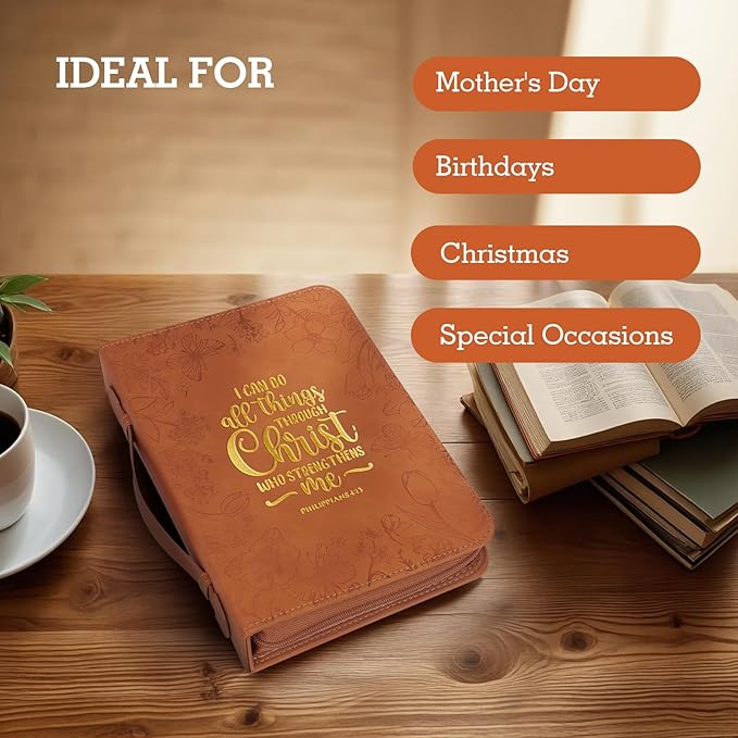 Bible Covers for Women Leather Bible Cover Case for Women with Floral Design & Gold Debossed Scripture and Pockets, Bible Carrying Case for Women, Girls, Gifts