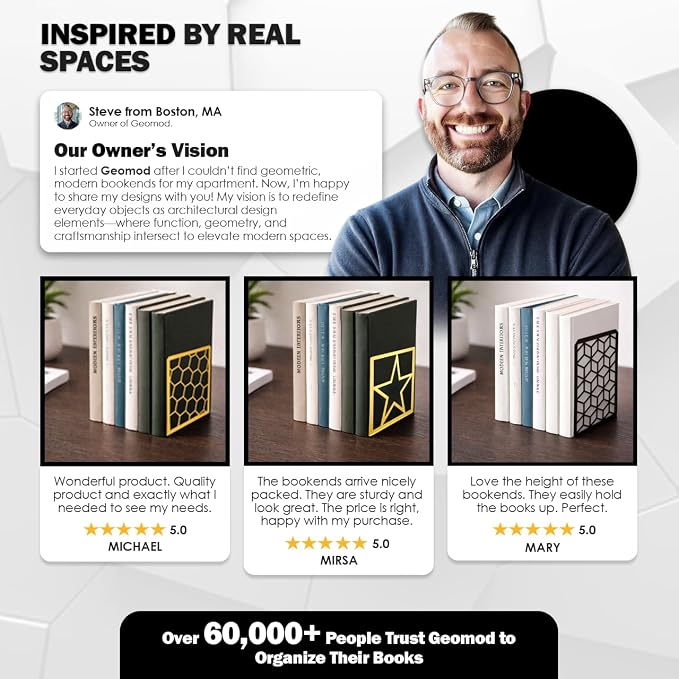 Geomod 3D Cube Black Metal Bookends Decorative for Heavy Books - Sturdy Boho Book Stops - Minimal Book Shelf Stopper - Durable Office Bookends - Weighted Metal Book Holders - 7x4.75 Inches - 3 Pair