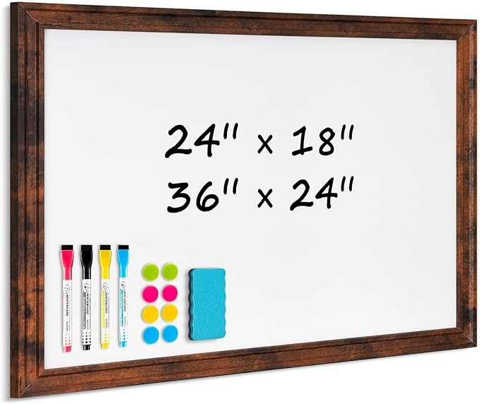 DOLLAR BOSS Magnetic Whiteboard for Wall 36" x 24" Vintage Wood Framed White Board Decorative Dry Erase Board for Home Office Shop Decor Display with 4 Markers, 8 Magnets, 1 Eraser, Rustic Brown