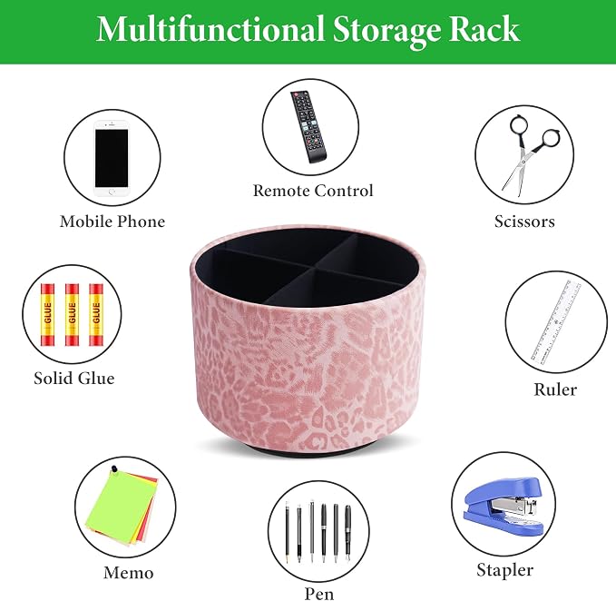 Round Leather Art Supply Organizer,Remote Control Holder,360 Degree Rotating,Multi-Functional Pencil Holder,4 Compartments Desktop Stationary Organizer(1-Leopard Pink)