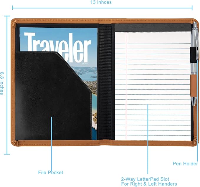 A5 Padfolio Business Portfolio Folder,Junior Size Document Folder Organizer, Padfolio with Interior Pocket and Pen Loop, 5 x 8 Writing Pad Included,Brown.