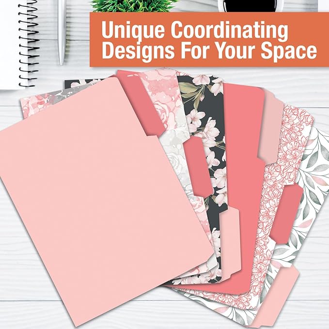 Current Charcoal & Coral File Folders Value Pack - Bulk Set of 24, 6 Pretty Decorative Designs, 1/3 Cut Tabs, Heavy-Duty Paper Stock, Office Supplies for Home & Work, 9-½” x 11-¾” Letter Size