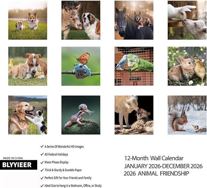 2026 Wall Calendar,Calendar 2026,Animal friendship Monthly Wall Calendar, 12" x 24" Open,Family Planner Calendar, Home & Office Organizer,Hangable