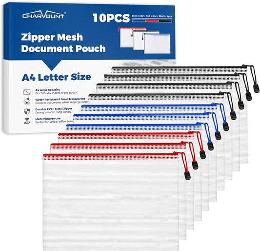 Charmount A4 Mesh Zipper Pouch Bags, Waterproof Plastic Document Organizer Folders, Multipurpose File Bags for Office, School, Toys, Board Games, Puzzles, Travel, and Home Storage Supplies-10 Pack