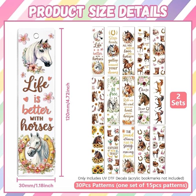 Peacoblue 30pcs UV DTF Bookmarks Transfer Stickers Wraps Horses for Women Men Reading, Waterproof Bookmarkers Decal(No Blank Bookmarks) for Acrylic Plastic Metal Blank Bookmark