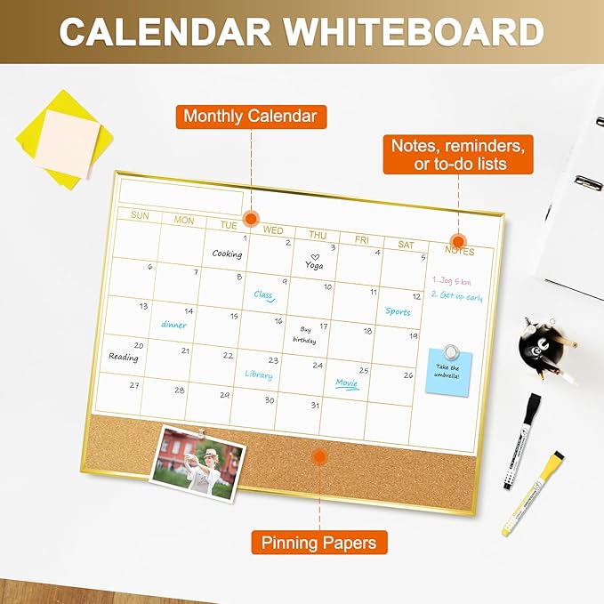 Dry Erase Calendar Whiteboard for Wall, 24'' x 18'' Monthly White Board Planner with Gold Frame and Corkboard, Magnetic Hanging Wipe Board for Home Office School Dorm