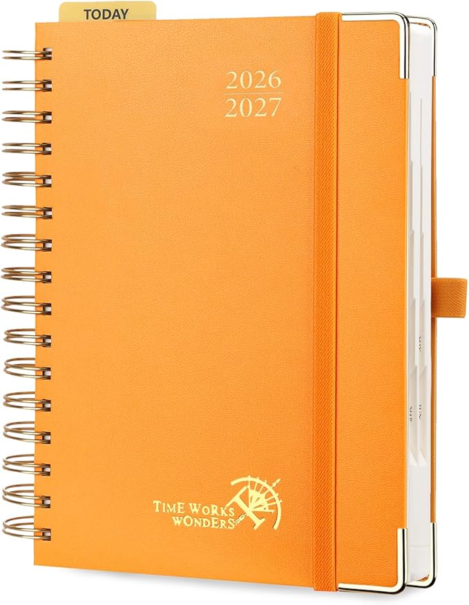 POPRUN 2026-2027 Daily Planner One Page Per Day, 5.75" x 8.5", Academic Daily Calendar Book with July 2026 to June 2027, Hardcover Appointment Book with Hourly Time Slots, Spiral Bound, Monthly Tabs - Orange
