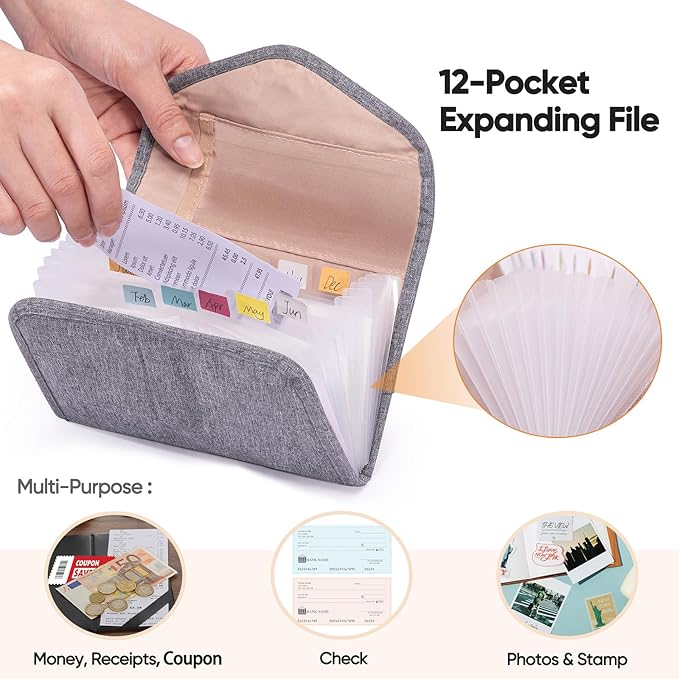 Fabric Receipt Organizer 7X5 - Receipt Holder 12 Pockets - Money Organizer - Elegant Receipt Holder - Coupon Holder - Cash Organizer - Envelope Organizer - Small Accordion File Organizer