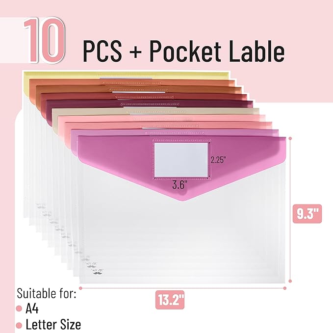 Mr. Pen- Clear Plastic Envelopes File Folders, 10 Pack, A4, Letter Size, Colorful Flaps, Clear Folders for Documents Plastic Poly Envelopes with Label for School, Home, Work, Office, Organizer