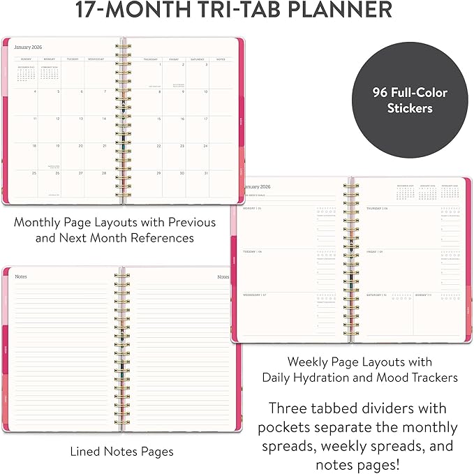 Orange Circle Studio 2026 Planner, Amazon Exclusive, Bella Flora, Tri-Tab Planners, Triple-Section, 9.6" x 7", Weekly Monthly Planner Calendar for School, Work, Includes Note Pages