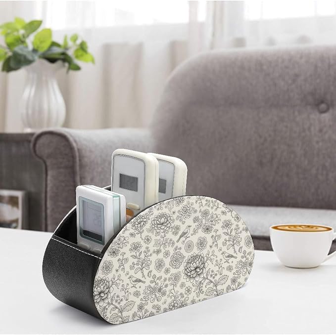 PU Leather TV Remote Organizer, 5-Compartment Desktop Caddy for Media Controllers, Office, and Living Room, Flower Bird Floral