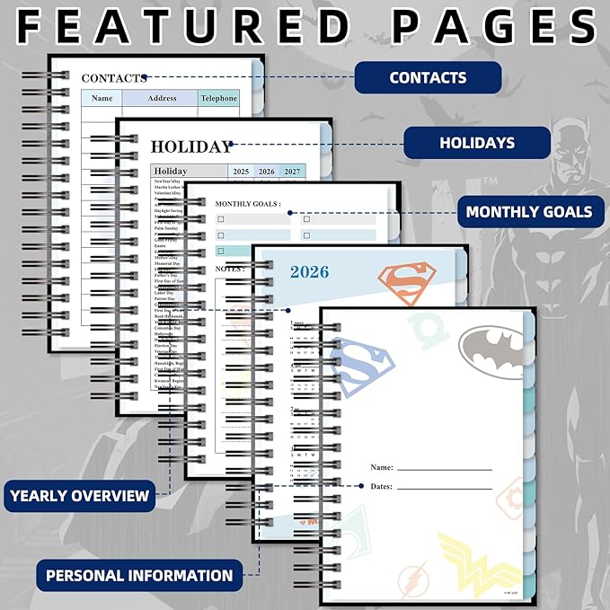 Batman 2026 Planner – Superhero Undated Daily Weekly & Monthly Planner with Calendar & Holiday Tracker, Monthly Tabs, Habit Tracker, 12 Months Spiral Agenda Book for Office School Gift Supplies