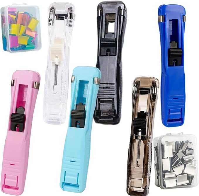 Portable Binder Clip Stapler, Includes 100 Reusable Clips, Mini Push Stapler Clamp Staplers for Desktop Document Home School Desk Office (6pcs)