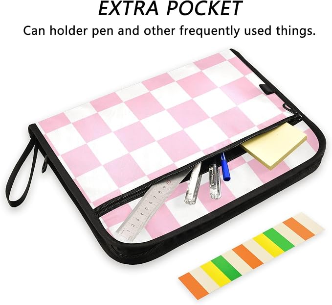 Pink Checkerboard Expanding File Folder Accordion File Organizer 13 Pockets Document Organizer with Zipper Labels Office Storage for Letter A4