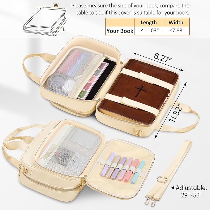 FINPAC Large Bible Cover Case for Women, Bible Study Supplies Journaling Kit with Shoulder Strap, Christian Gifts Church Bag, Beige