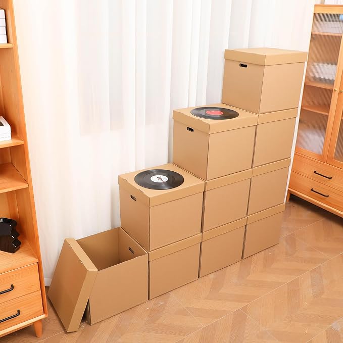 Marspark 10 Set 12" Vinyl Record Storage Box Corrugated Paper Lp with Removable Lid and Handle for Organize Vinyl Album, Each Holds up to 60 Records or Lps 15-3/8 x 13-15/16 x 13-15/16 Inch