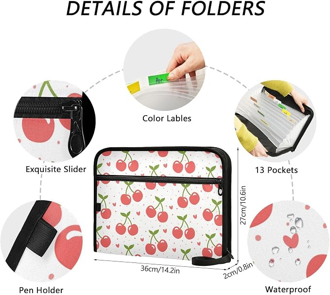 Cherry Fruit Heart Cartoon File Folders,Plastic Folders with 13 Pockets,Expandable File Folder for Documents School Students Office,Aesthetic Folder with Labels A4 Letter Size