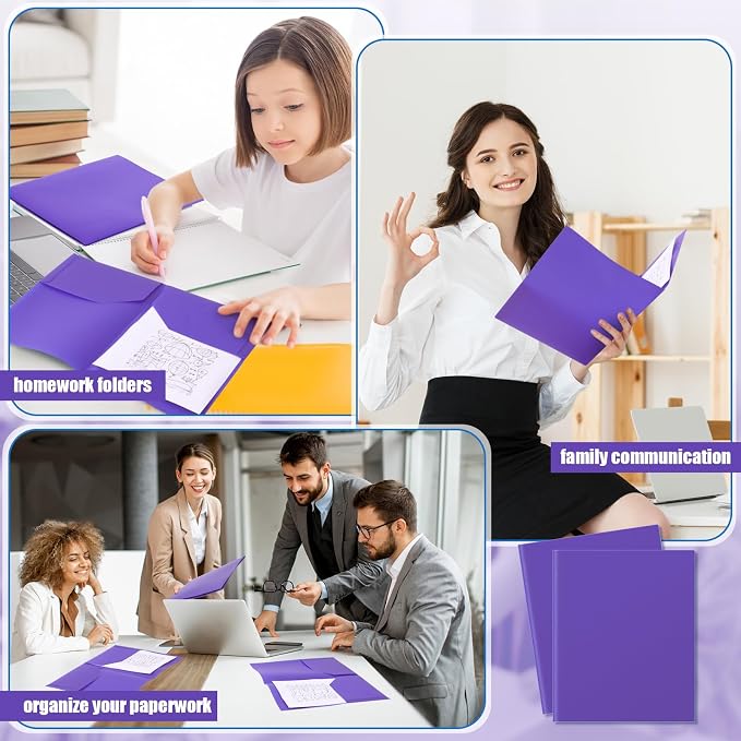 Gueevin 100 Pack Plastic Folder with Pockets, 2 Pocket Folders, Plastic Glossy Folders Fit Letter Size Paper, Heavy Duty Durable File Folder with Business Card for Home Office School (Purple)