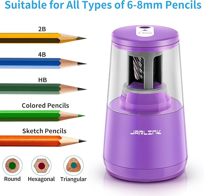 JARLINK Electric Pencil Sharpener, Heavy-Duty Helical Blade to Fast Sharpen, Auto Stop for No.2/Colored Pencils(6-8mm), AC Adapter/Battery Operated in School Classroom/Office/Home (Purple)