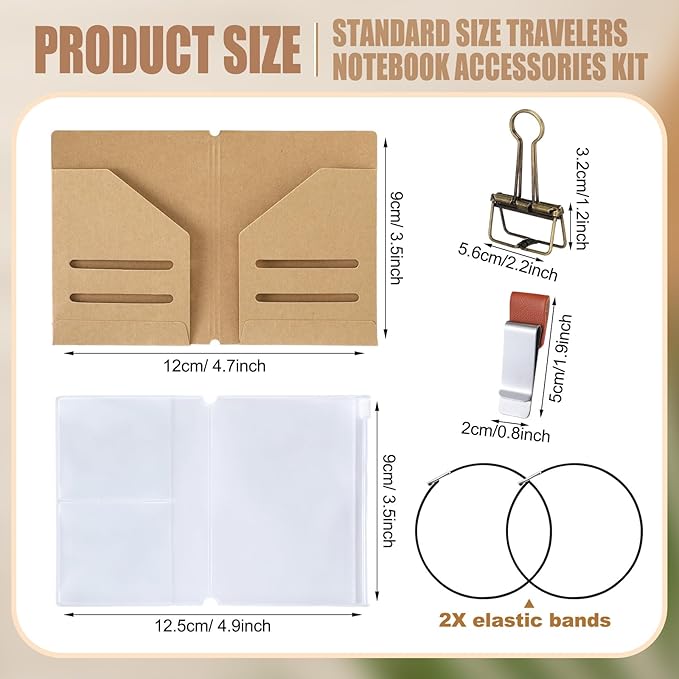 Travelers Journal Notebook Accessories Kit Include Travel Kraft File Folder, Zipper Case, Pen Holder, Binder Clip and Elastic Bands Travel Accessories Supplies(1 Pack,Passport Size)